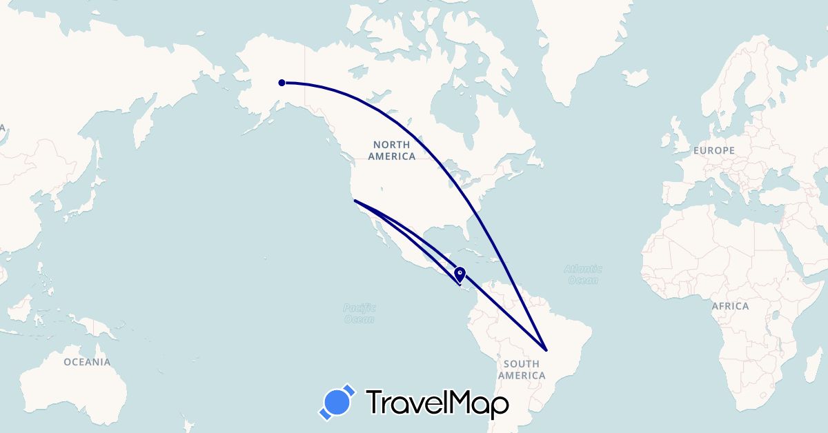 TravelMap itinerary: driving in Brazil, Costa Rica, United States (North America, South America)